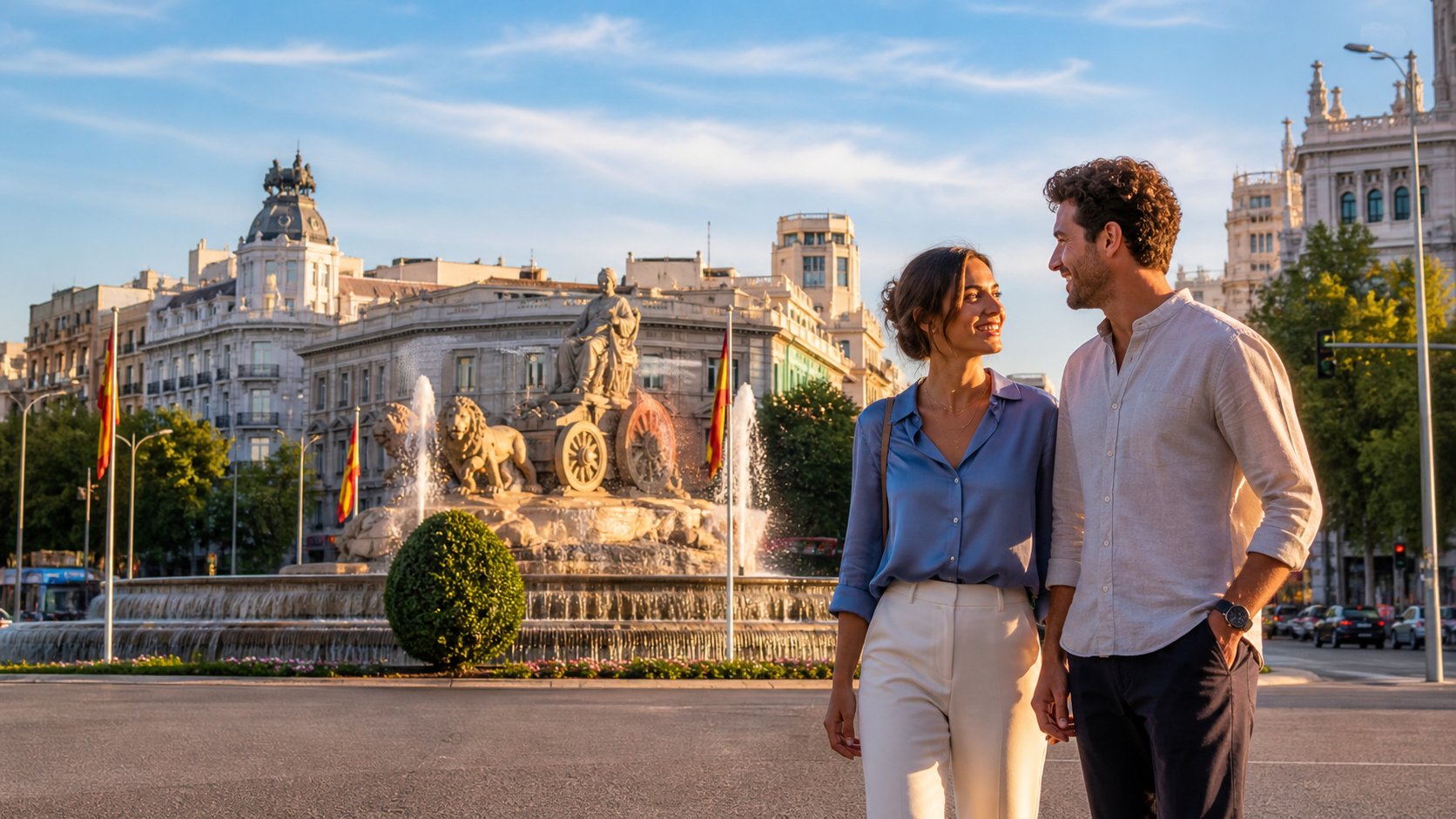Pareja paseando por Madrid al atardecer antes de disfrutar de un plan juntos